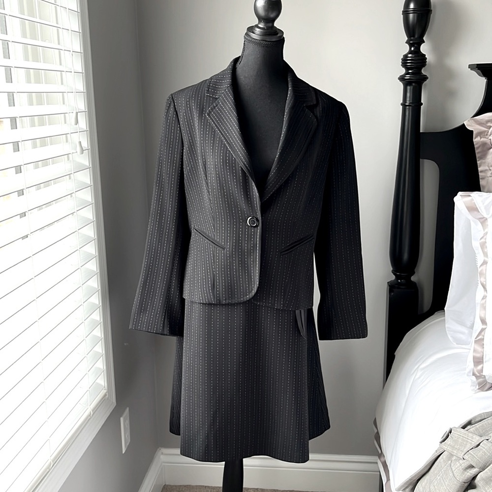 Size 10 Blazer and Skirt. Black with fine line with hint of light blue.